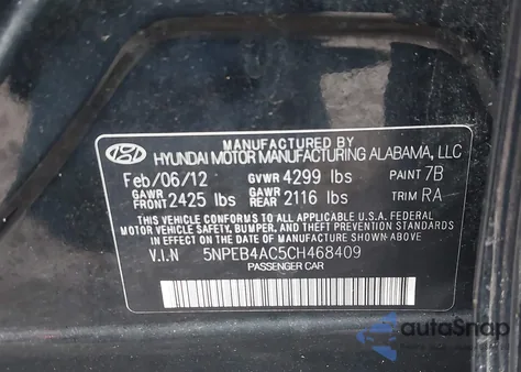 2012 Hyundai Sonata Gls из США, поврежденный, VIN 5NPEB4AC5CH468409